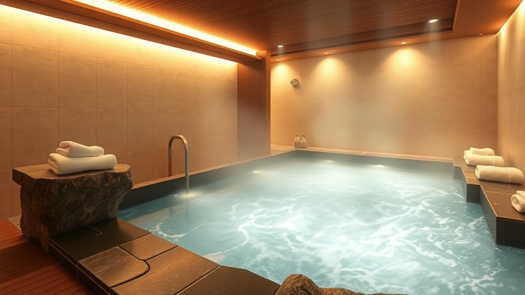 Luxurious spa bathing area with natural stone hot spring bath, steam rising, warm lighting, wooden elements, clean towels, no people visible, serene Japanese wellness atmosphere