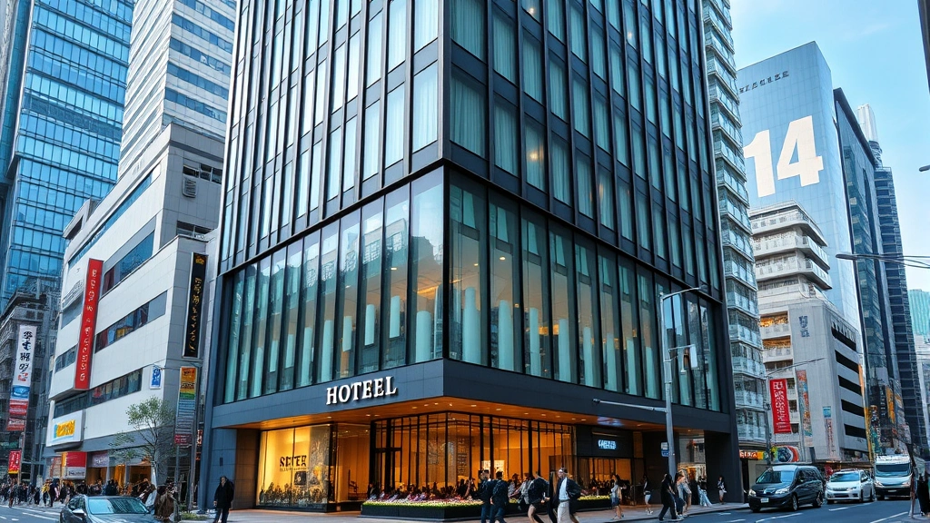 Urban hotel exterior with modern architecture, glass and steel facade, bustling city street below with pedestrians and urban energy, Tokyo cityscape visible, daytime photography, no building numbers or identifying text