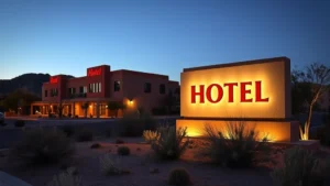 Modern illuminated hotel monument sign at dusk with LED lighting in desert landscape, Arizona-style architecture with clean contemporary design, no text visible on sign, surrounded by desert landscaping