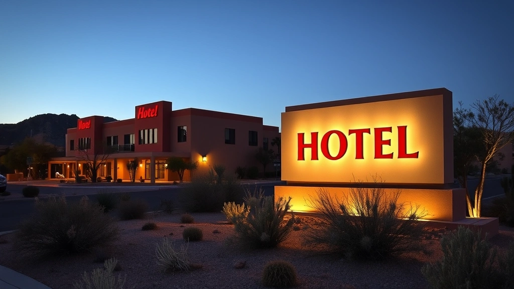 Modern illuminated hotel monument sign at dusk with LED lighting in desert landscape, Arizona-style architecture with clean contemporary design, no text visible on sign, surrounded by desert landscaping