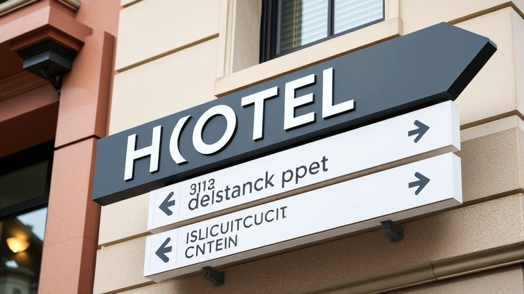 Close-up of high-contrast hotel directional signage mounted on building exterior, professional typography and color scheme, daytime lighting conditions, contemporary commercial design aesthetic, no specific addresses or identifiable text