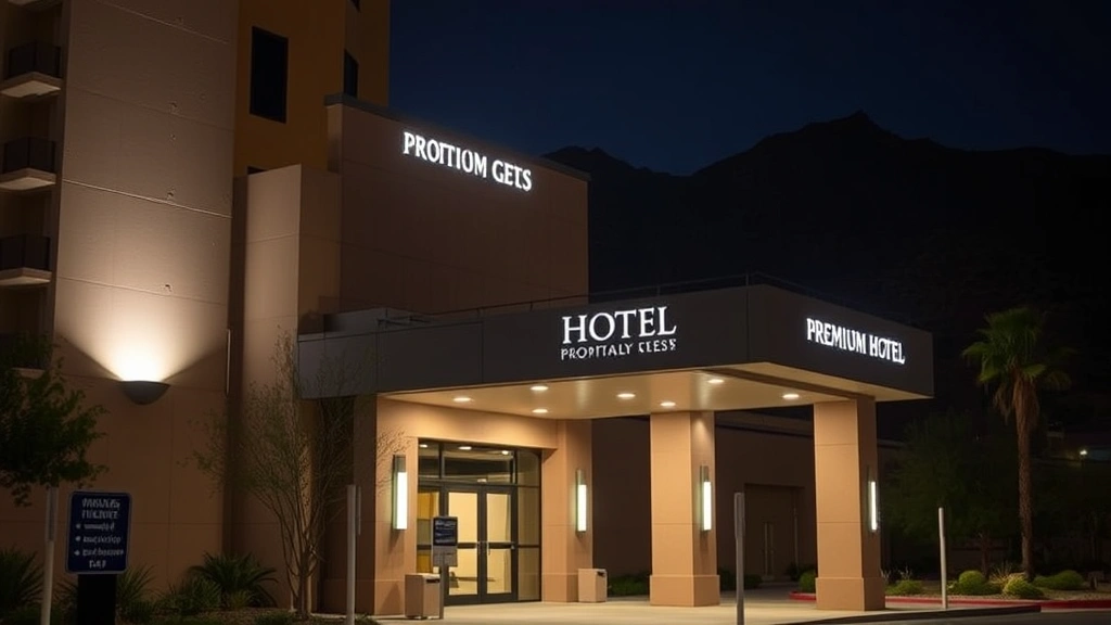 Night scene of well-lit hotel entrance with integrated architectural signage, LED illumination showcasing premium hospitality property, desert mountain backdrop, professional wayfinding markers, no legible business names or numbers