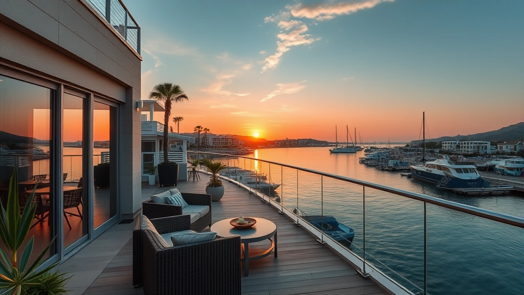 Serene waterfront hotel balcony overlooking calm bay waters at sunset, modern comfortable lounge seating, peaceful residential coastal atmosphere