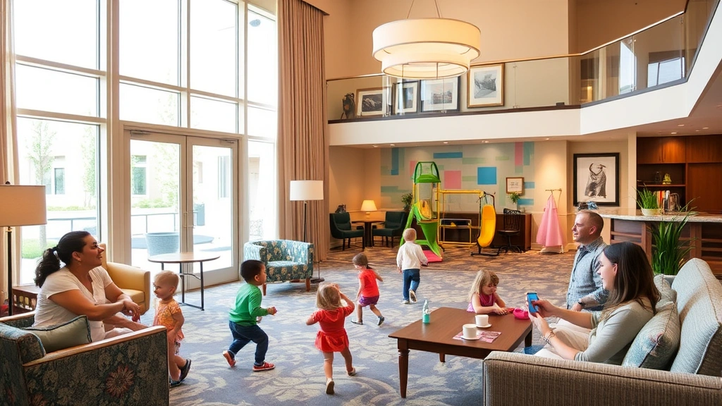 Family-friendly hotel common area with children playing safely in supervised indoor recreation space, comfortable seating for parents, warm inviting residential ambiance