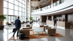 Modern hotel lobby with contemporary design, natural lighting from large windows, comfortable seating areas, neutral color palette, travelers checking in at reception desk