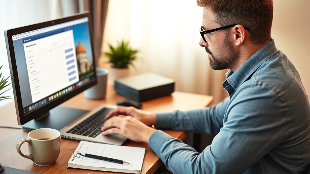 Person sitting at laptop booking hotel on computer, notepad with travel notes beside keyboard, coffee cup on desk, warm home office lighting, focused expression