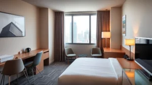 Modern hotel guest room interior with contemporary furnishings, bed, desk, and window showing daytime city view, well-lit and professionally designed residential space