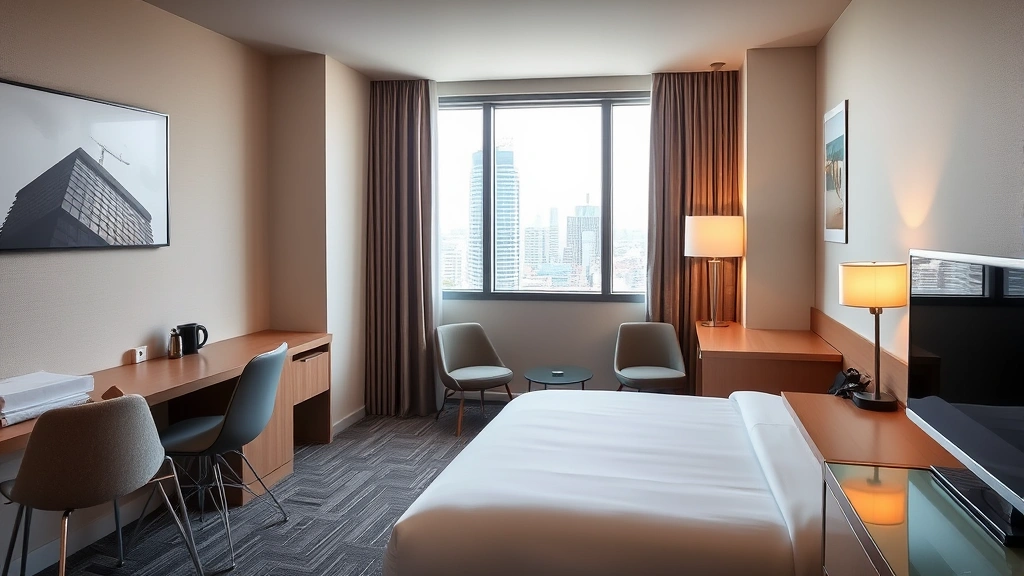 Modern hotel guest room interior with contemporary furnishings, bed, desk, and window showing daytime city view, well-lit and professionally designed residential space