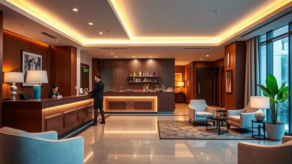 Hotel front desk area with professional staff member helping guests, modern lobby with comfortable seating, warm lighting, and welcoming hospitality environment