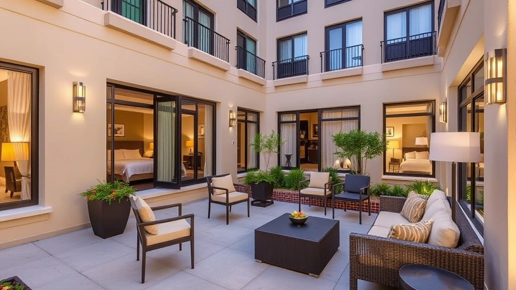 Outdoor patio or courtyard area of a hotel property with seating arrangements, landscaping, natural lighting, and comfortable guest accommodation space