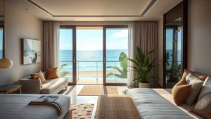 Modern luxury hotel room with beachfront view, contemporary furnishings, neutral color palette, rainfall shower visible through open bathroom door, tropical plants on balcony, morning sunlight streaming through windows
