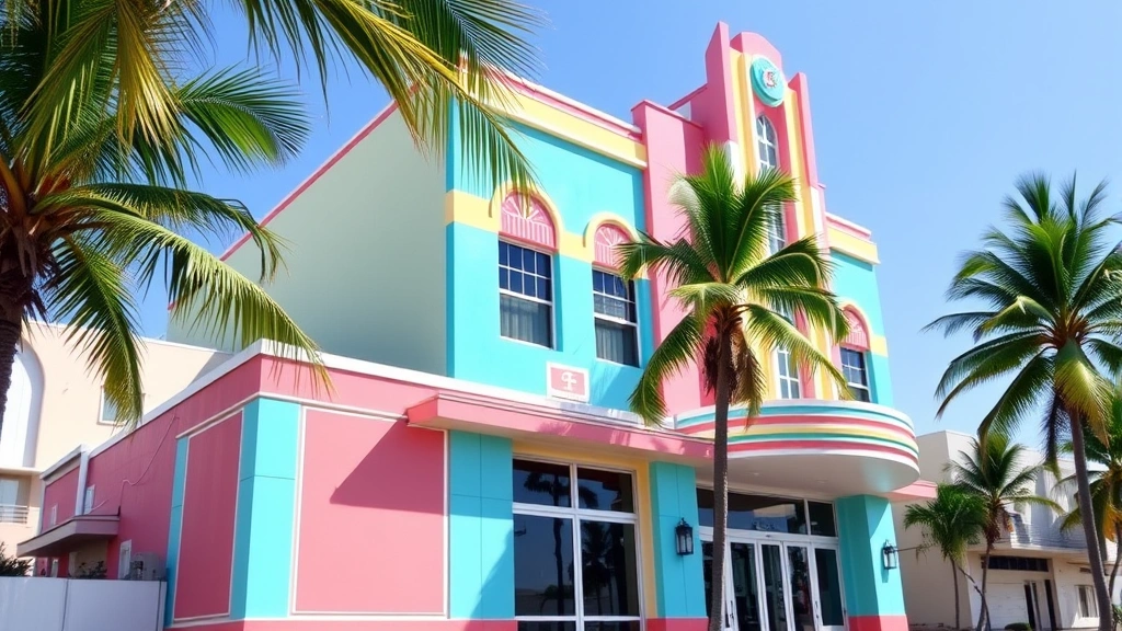 Bright, colorful Art Deco building exterior with vintage pastel facade and geometric architectural details, subtropical palm trees and blue sky, South Florida coastal atmosphere, no text or signage visible