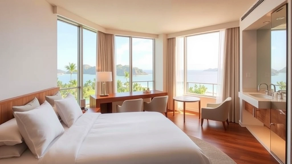Modern hotel room interior with contemporary white bedding, minimalist furnishings, large window showing tropical outdoor scenery, clean bathroom fixtures visible, warm natural lighting from windows