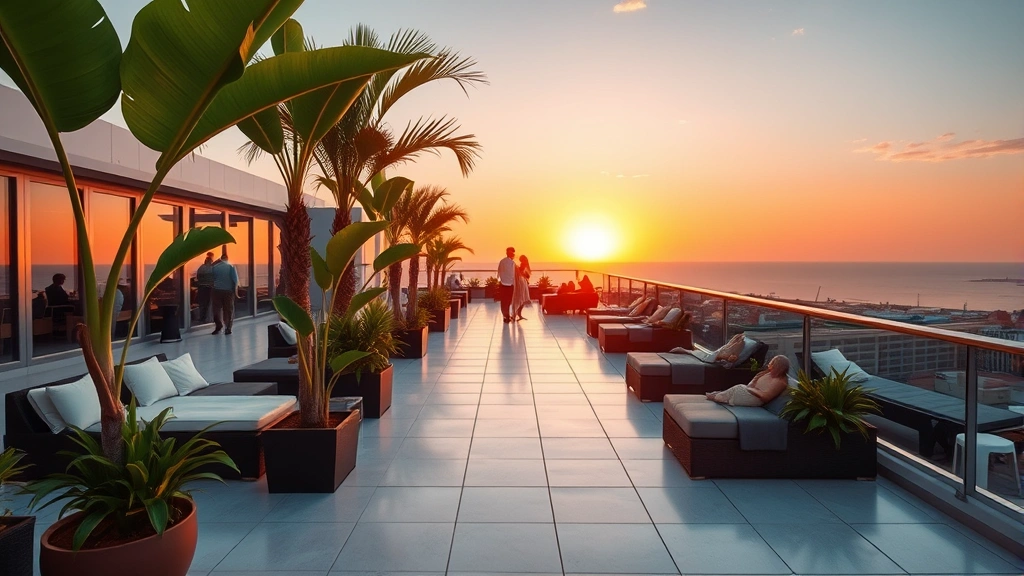 Rooftop terrace space at sunset with lounge seating, potted tropical plants, partial ocean view in distance, people relaxing in background, warm golden hour lighting, no identifying text or logos