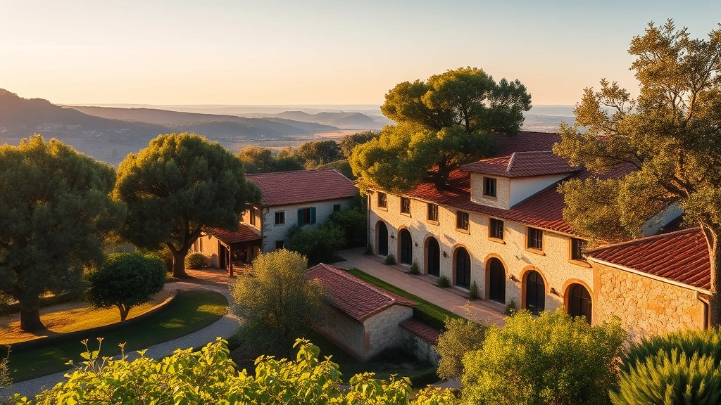Rustic Portuguese country hotel with traditional architecture, cork oak trees surrounding the property, warm afternoon sunlight illuminating terracotta-tiled roof, green gardens in foreground, Alentejo landscape rolling hills visible in background