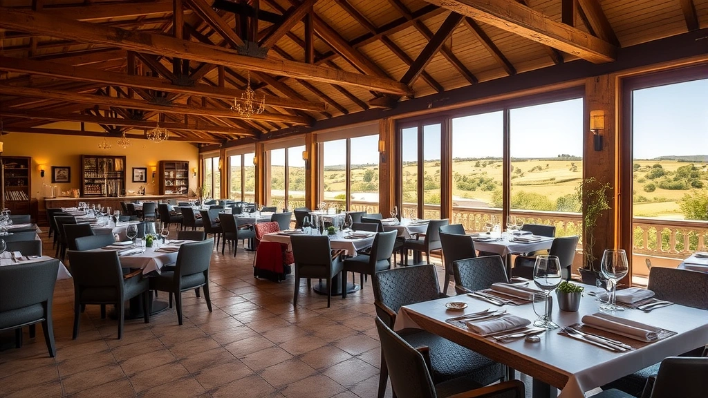 Spacious hotel restaurant interior with exposed wooden beams, traditional Portuguese tiles, warm lighting, comfortable seating, large windows overlooking countryside, place settings on tables with wine glasses, Mediterranean regional ambiance