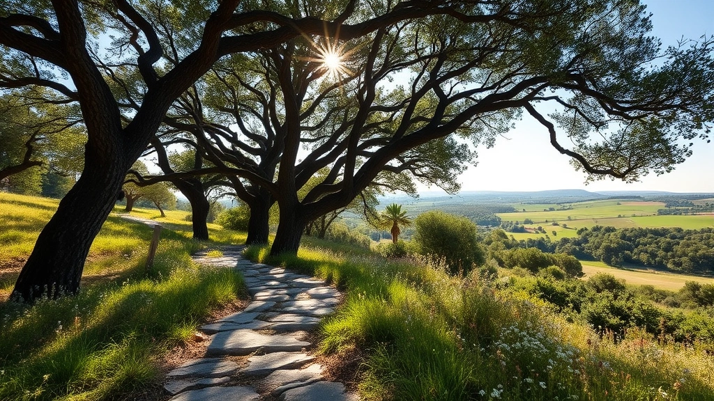 Peaceful countryside trail through cork oak forest near rural hotel, natural stone pathway, dappled sunlight through tree canopy, wildflowers along path, rolling Alentejo plains visible in distance, serene landscape photography