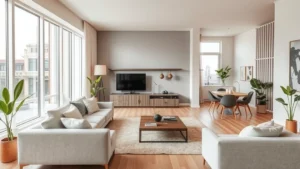 Modern apartment living room with comfortable furniture, natural light from large windows, and neutral decor creating a welcoming residential space
