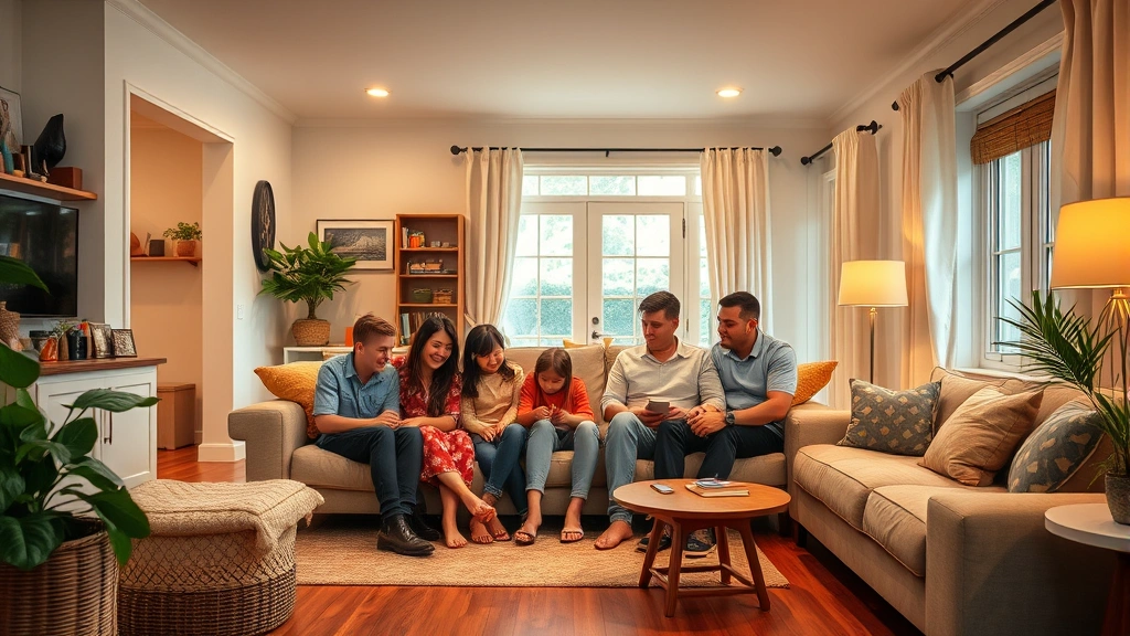 Family in comfortable home interior, sitting together in bright living room with warm lighting, hardwood floors, and residential furnishings