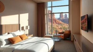 Modern hotel room interior with comfortable king bed, warm desert tones, large window showing red rock formations outside, contemporary furnishings, clean minimalist design, natural lighting from window