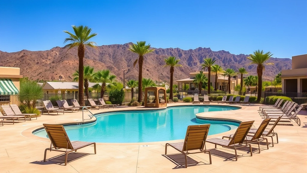Resort-style outdoor pool area surrounded by lounge chairs, desert landscape background, clear blue water, palm trees, mountain view, sunny day, inviting recreational space for guests