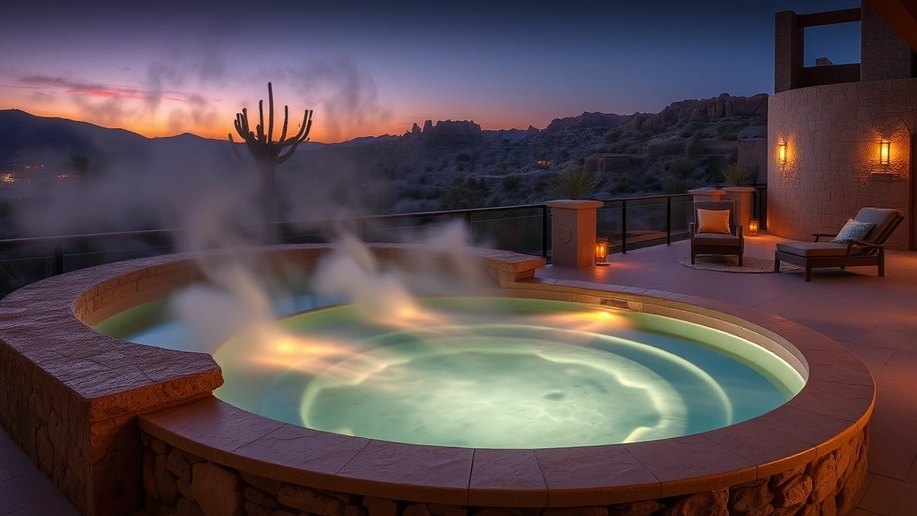 Luxury hotel spa area with hot tub, stone features, ambient lighting, steam rising from water, comfortable seating nearby, serene desert evening atmosphere, relaxation-focused environment