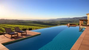 Luxurious spa resort pool with vineyard views in Napa Valley, afternoon sunlight, lounge chairs, mountain landscape background, no text or signage