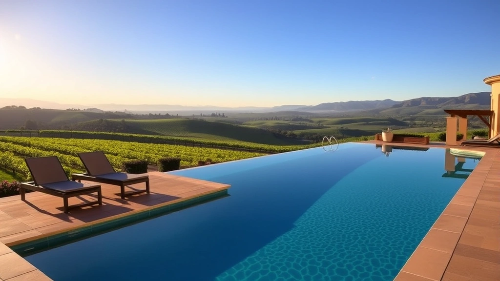 Luxurious spa resort pool with vineyard views in Napa Valley, afternoon sunlight, lounge chairs, mountain landscape background, no text or signage