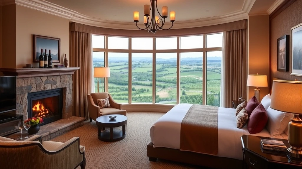Elegant hotel room interior with wine country decor, fireplace, comfortable seating, large windows overlooking vineyards, warm lighting, no visible text or room numbers