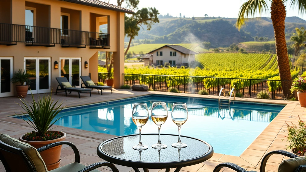 Hotel courtyard with heated pool, surrounding vineyards, wine glasses on poolside table, California afternoon light, relaxed vacation atmosphere, no text or identifiable addresses