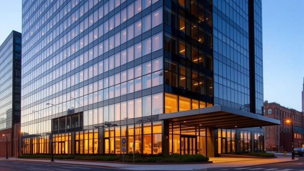 Modern downtown St. Paul hotel exterior with glass facade reflecting evening city lights, street level with landscaping and entrance, no signage or building numbers visible