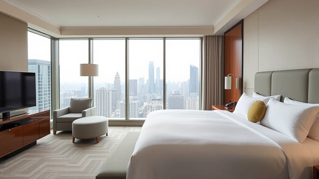 Contemporary hotel room interior with king bed, floor-to-ceiling windows showing city skyline, neutral tones, comfortable seating area, modern lighting fixtures