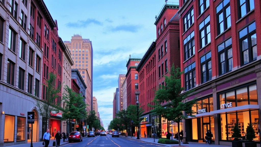Downtown St. Paul street scene with mixed-use buildings, pedestrians walking, trees and urban landscaping, evening ambiance, no storefront signs or addresses visible