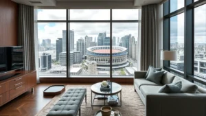 Modern urban hotel interior with contemporary furnishings, floor-to-ceiling windows overlooking city skyline and stadium district, neutral tones, professional residential suite setup