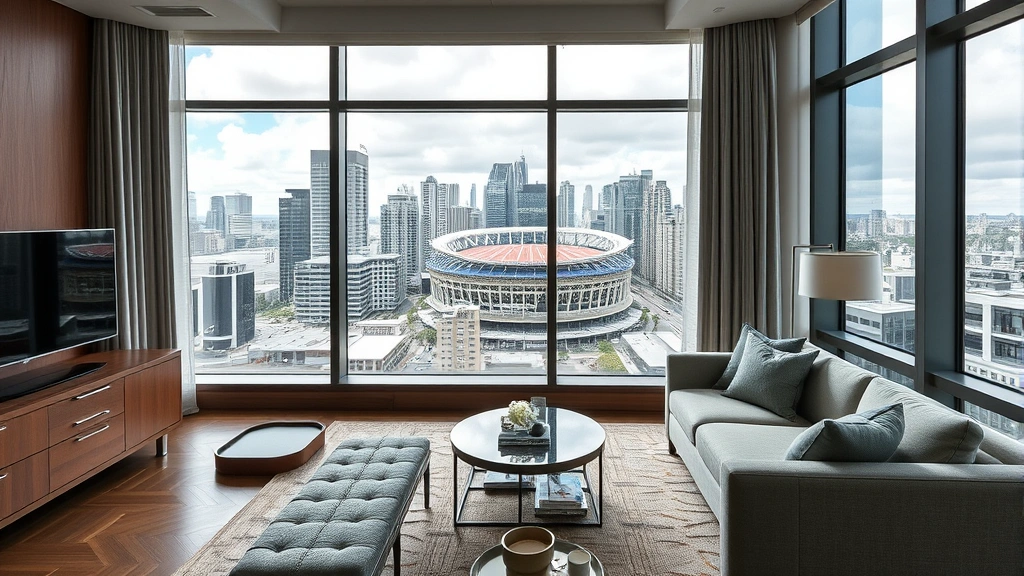 Modern urban hotel interior with contemporary furnishings, floor-to-ceiling windows overlooking city skyline and stadium district, neutral tones, professional residential suite setup