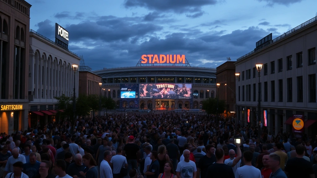 Crowded stadium district street scene during evening event with crowds of people, street lights, urban buildings, and bustling pedestrian activity without visible signage