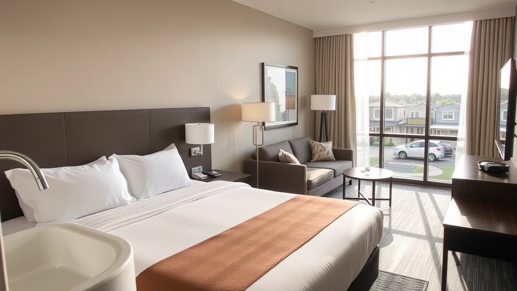 Modern hotel room with comfortable bed, contemporary furniture, and clean bathroom fixtures, bright natural light through window showing residential Starkville landscape