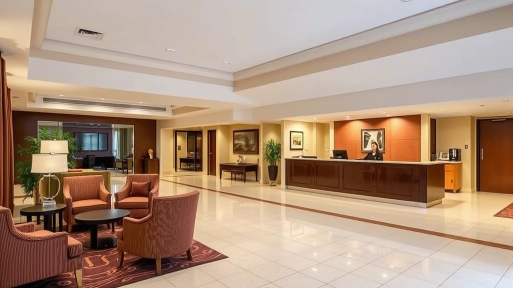 Hotel lobby and front desk area with welcoming seating, professional staff station, clean flooring, and warm interior lighting creating inviting atmosphere