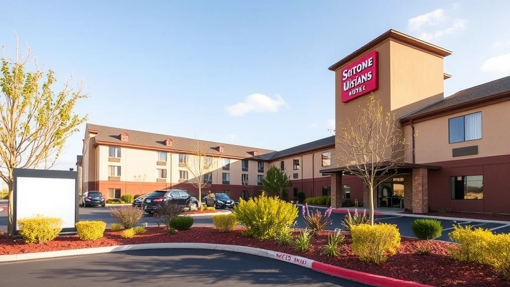 Outdoor view of hotel exterior with landscaping, parking area visible, clear sky, showing mid-range property architecture typical of regional accommodations
