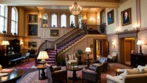 Elegant historic hotel lobby with period furnishings, grand staircase, warm lighting, and comfortable seating areas in downtown Staunton, Virginia