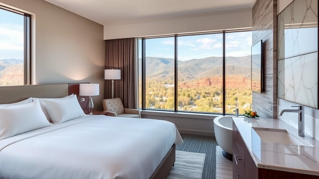 Modern hotel room with queen bed, contemporary bathroom with marble fixtures, large windows overlooking Shenandoah Valley mountains, neutral color palette