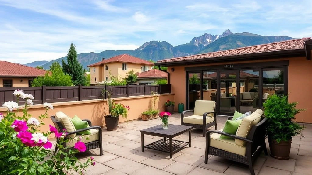 Outdoor hotel courtyard or garden space with comfortable seating, flowering plants, mountain views in background, peaceful residential setting