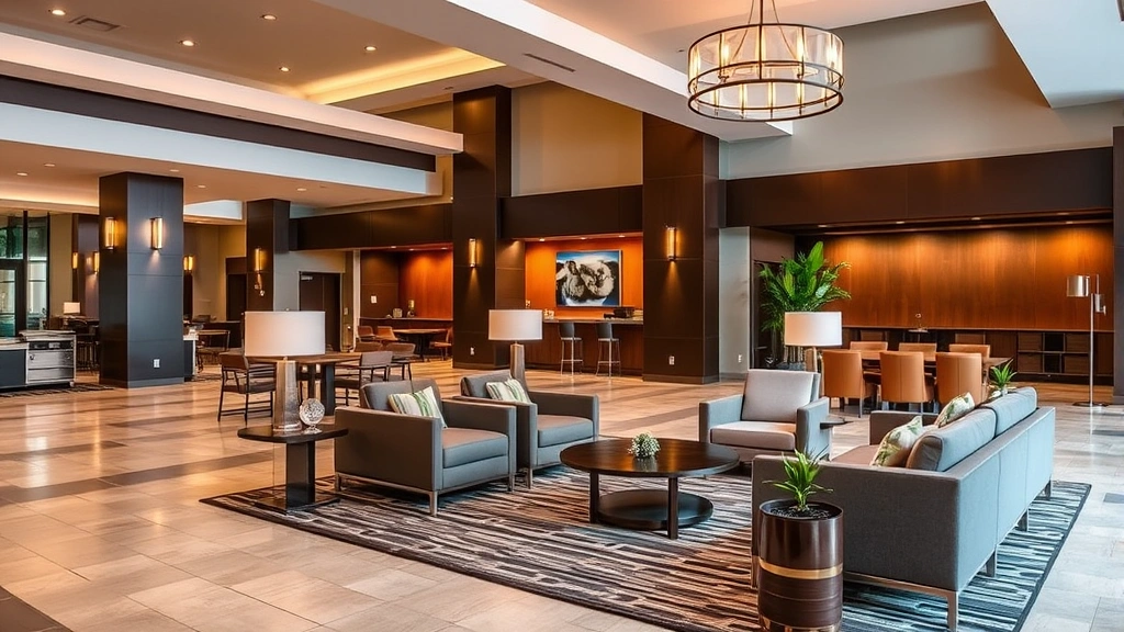 Modern upscale hotel lobby in Stillwater with contemporary furniture, warm lighting, and elegant design aesthetic featuring comfortable seating areas and decorative plants