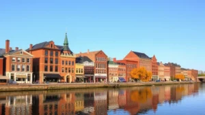 Scenic riverfront view of Stillwater Minnesota with historic brick buildings reflected in calm St. Croix River waters during autumn season with golden foliage and clear sky