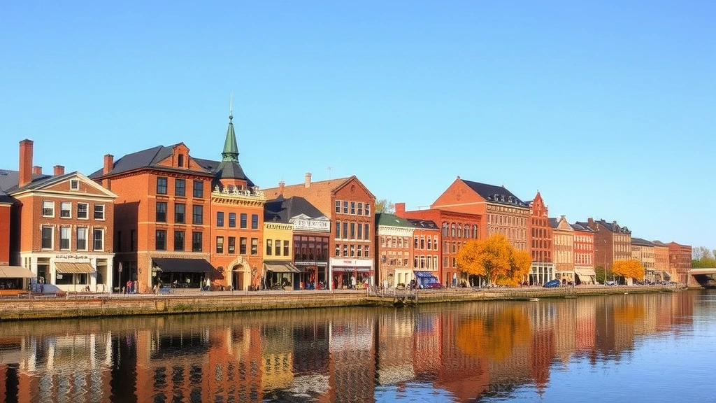 Scenic riverfront view of Stillwater Minnesota with historic brick buildings reflected in calm St. Croix River waters during autumn season with golden foliage and clear sky
