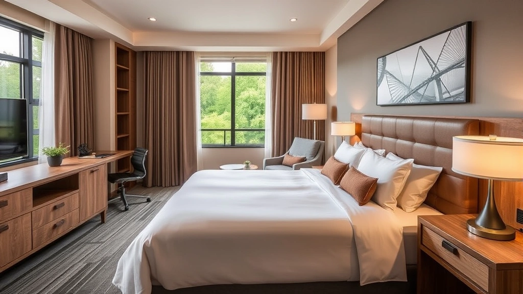 Comfortable modern hotel room interior featuring queen bed with quality linens, contemporary wood furniture, neutral earth tones, large window with nature views, and inviting ambiance