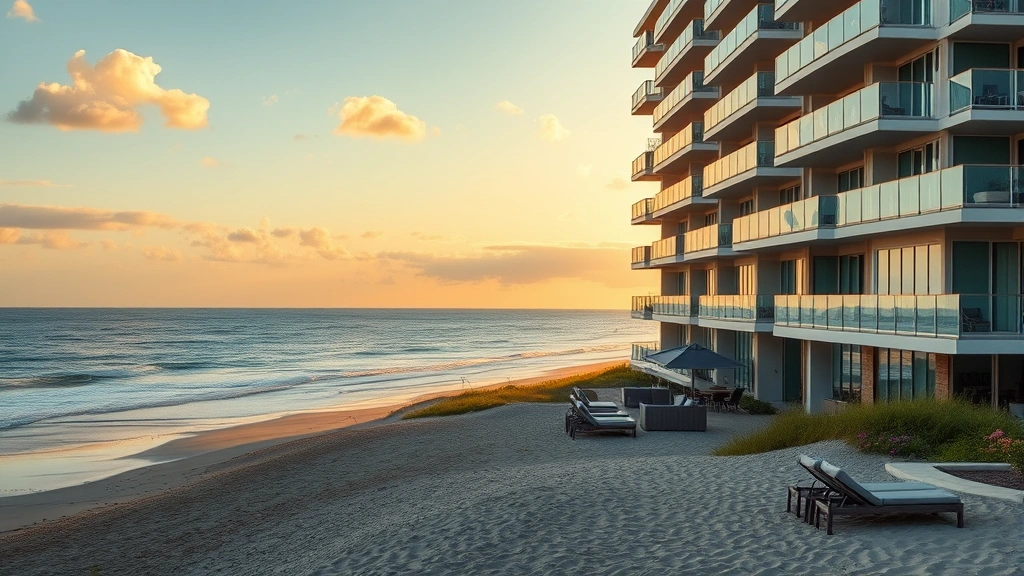 Modern beachfront hotel with oceanfront balconies overlooking sandy beach and Atlantic Ocean waves, daytime golden hour lighting, empty chairs on beach, peaceful seaside atmosphere
