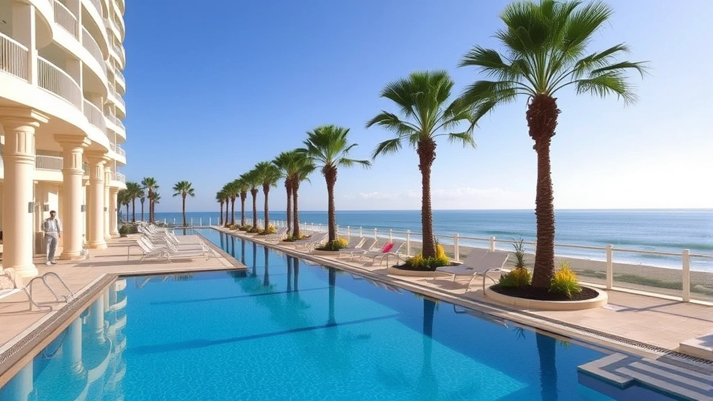 Elegant hotel pool area with lounge chairs, blue water, palm trees, and ocean view in background, sunny day, resort-style setting, no people visible, clean and well-maintained