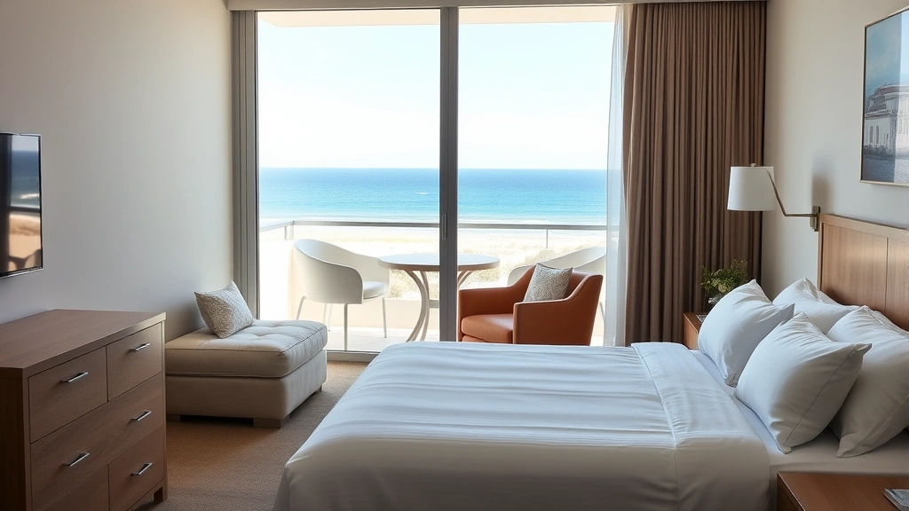 Comfortable hotel room interior with bed, ocean view window showing beach and water, modern furnishings, bright natural light, clean linens, welcoming residential feel