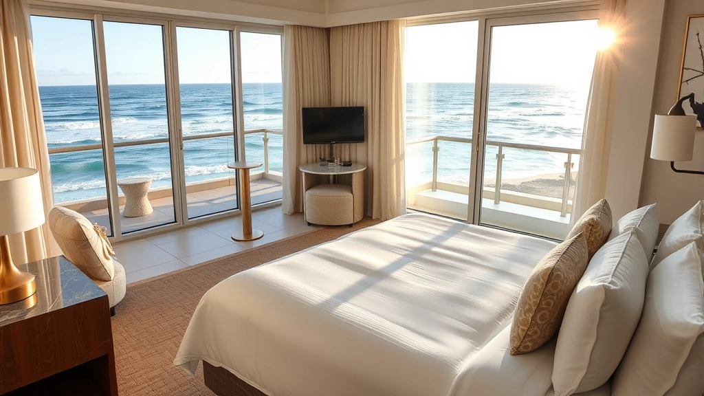 Luxury oceanfront hotel room with contemporary coastal design, private balcony overlooking Pacific Ocean waves, premium bedding, marble bathroom visible, morning sunlight streaming through windows, professional hotel photography style